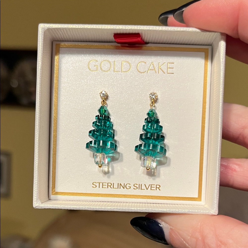 NIB Gold Cake Shop Green Crystal Tree Earrings Sterling Silver Rhinestone Star